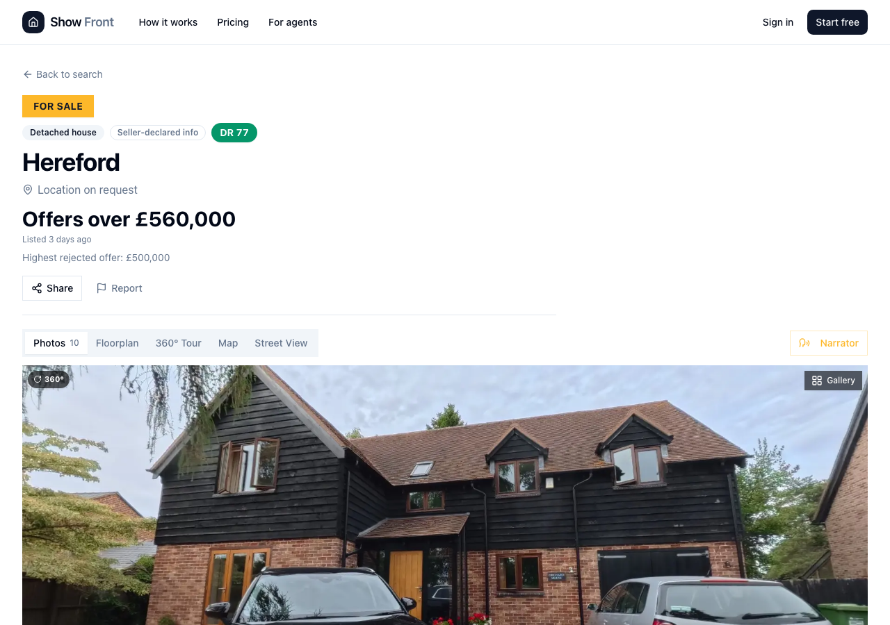 A published listing page with tabs, DR score and the Narrator button
